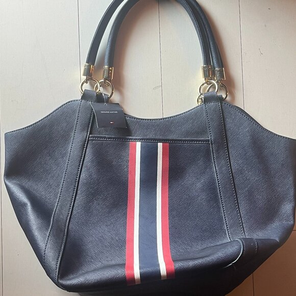 Tommy Hilfiger Handbags - Tommy Hilfiger NWT Navy Blue Leather Tote Bag with Red and White Stripe Accents